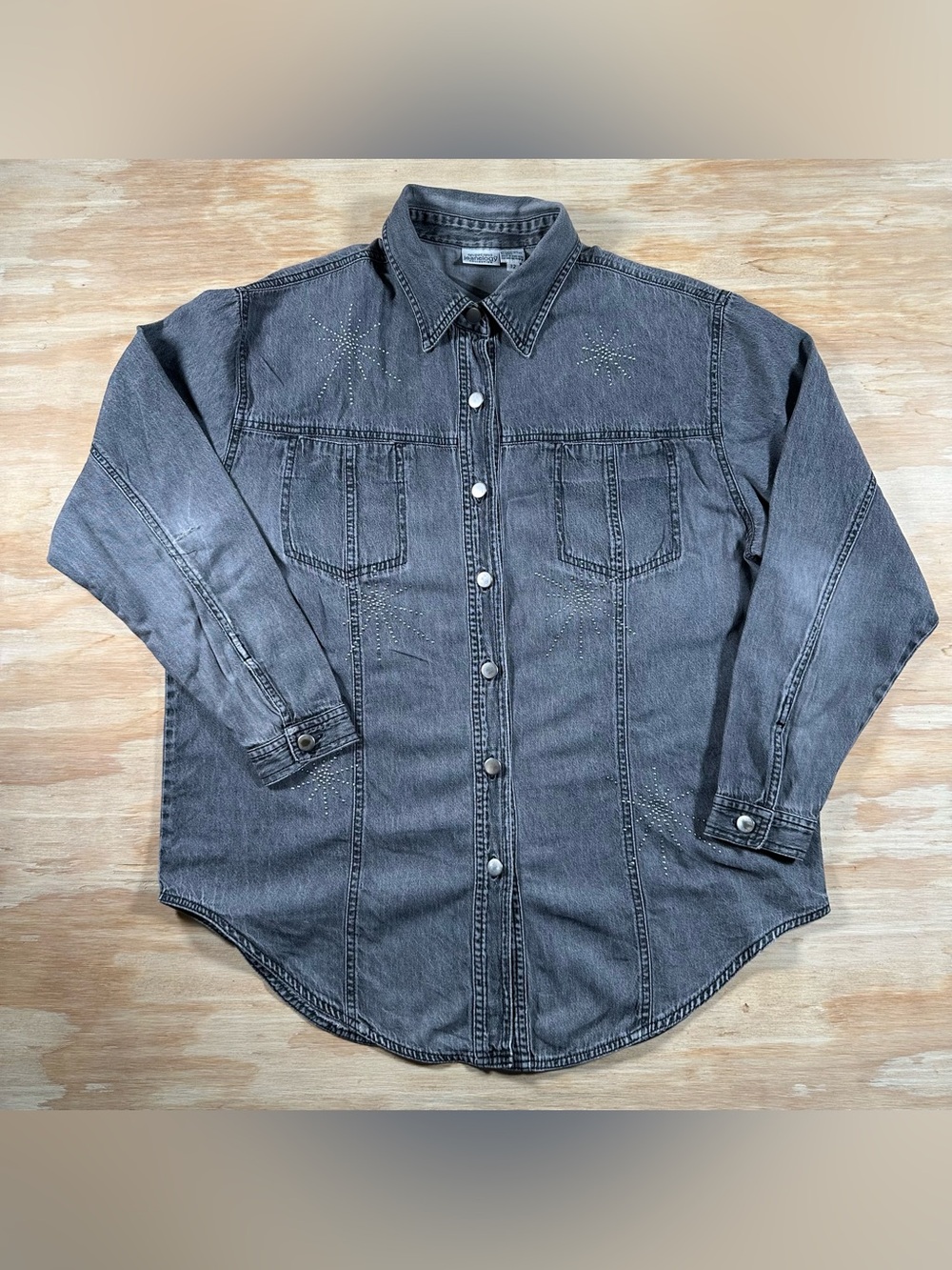 VTG 90s Newport News Jeanology Studded Starburst Denim Shirt Size 12 Grey Acid W